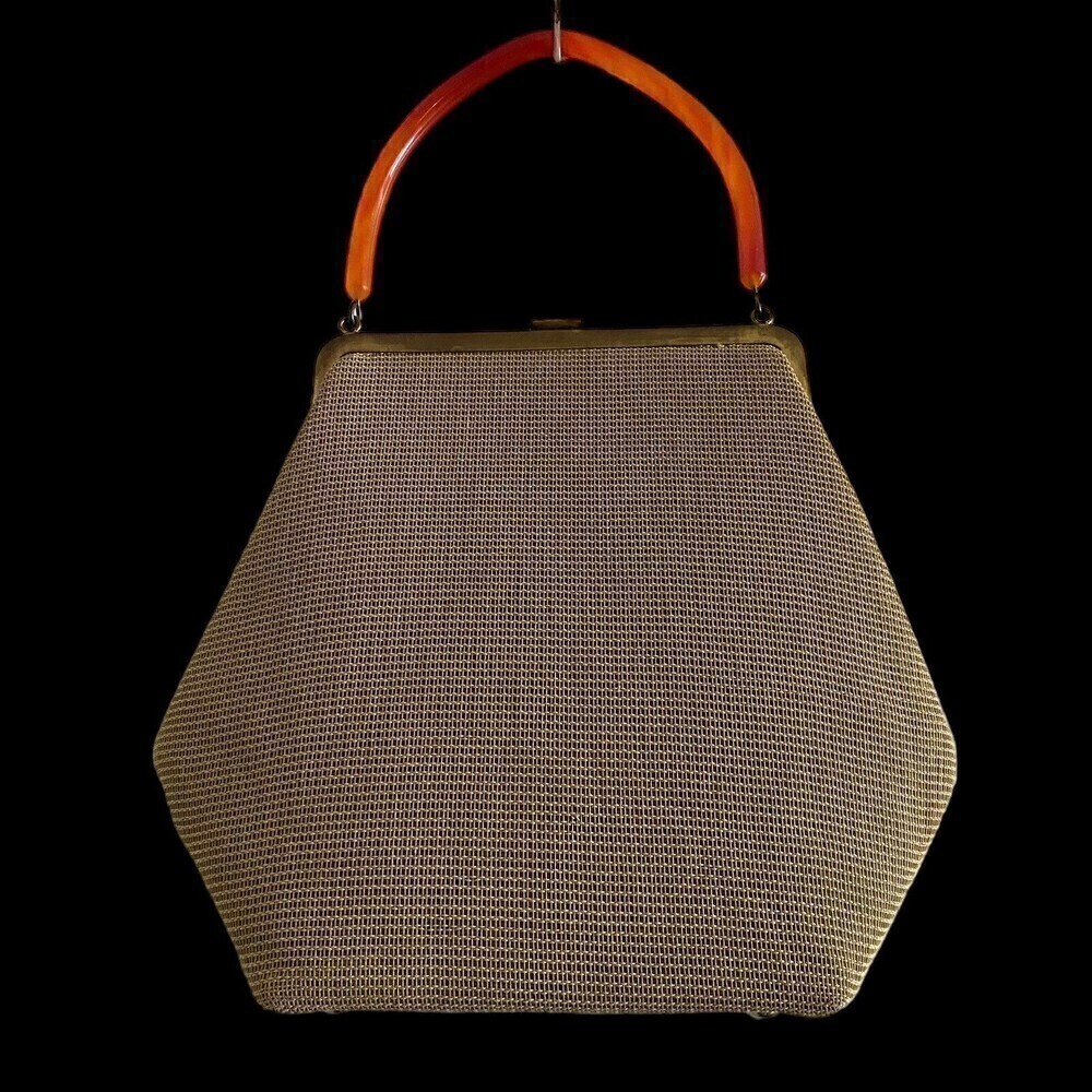 Vintage Soure' Bag New York Needlepoint Beaded Rhinestones Lucite Handle - Picture 2 of 8